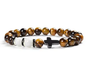 8mm Yellow Tiger Eye Stone Cross Chalcedony Beaded Bracelet Unisex Fashion Jewelry Gift