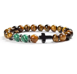 Natural tiger eye stone and malachite beaded bracelet with black cross charm for men and women.