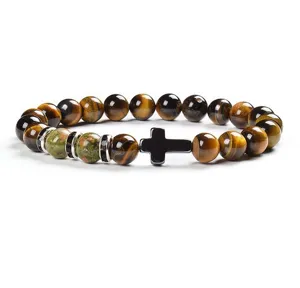 8mm Yellow Tiger Eye Natural Stone Bracelet with Cross Charm Unisex Jewelry Detail View