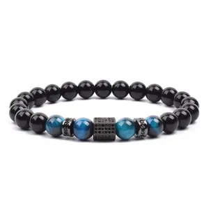 Fashion Blue Tiger Eye Beaded Bracelet with Black Stones and Pave Zircon Cylinder
