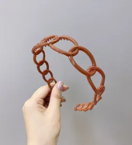 Detailed view of a brown plastic chain link headband with anti-slip teeth design