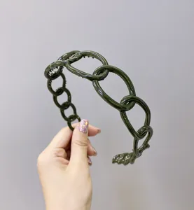 Macro detail of a dark green plastic chain link headband with a sleek glossy finish
