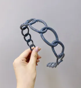 Close-up detail of a blue plastic chain-link headband featuring non-slip inner teeth