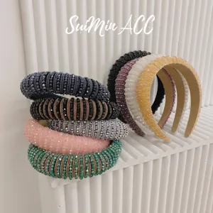 Baroque Padded Wide Headband For Women Luxury Rhinestone Beaded Sparkly Hairband Fashion Solid Color Headpiece For Party Daily Jewelry