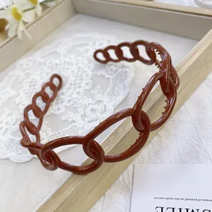 Close-up detail of a brown plastic chain-link headband featuring non-slip inner teeth