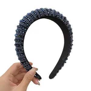 Elegant Baroque navy blue padded headband with full crystal beads and rhinestones for women