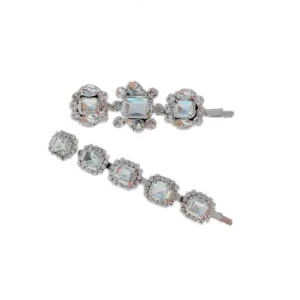 Elegant silver hair clip set featuring sparkling square and round clear rhinestone crystals