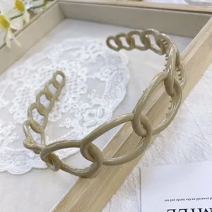 Close-up detail of a beige plastic chain link headband with inner anti-slip teeth