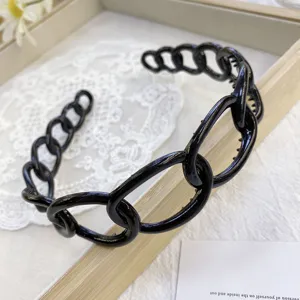 Close-up detail of a minimalist black plastic chain headband featuring a chic non-slip design