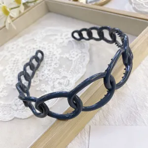 Close-up of a glossy dark blue plastic chain-link headband featuring anti-slip inner teeth