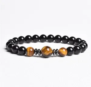 Detailed close-up of natural stone beaded bracelet with tiger eye and black beads.