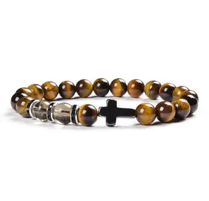 Detailed close-up view of the 8mm yellow tiger eye and chalcedony beaded cross bracelet.