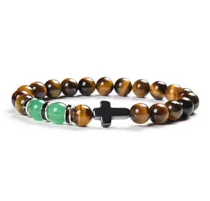 Natural Stone Tiger Eye Cross Beaded Bracelet Unisex Gemstone Chalcedony Stretch Charm Fashion Jewelry Gift