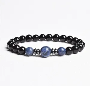8mm black bead bracelet with blue gemstone and metallic spacers elegant unisex jewelry gift