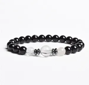 Black bead crystal bracelet with metallic spacer details stylish minimalist jewelry gift