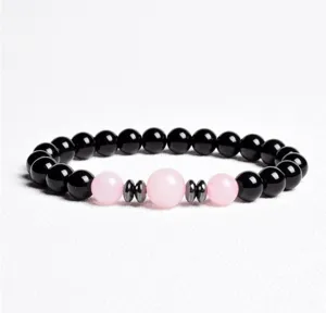 Black and pink crystal beaded bracelet detail, exquisite gemstone jewelry gift for women.