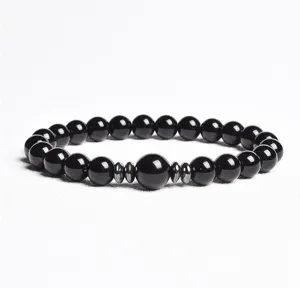 Natural Stone Beaded Bracelet Round Stone Beads with Metal Spacers Elastic Gemstone Chakra Energy Jewelry Gift