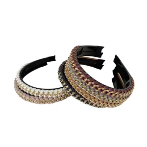 Elegant alloy chain and faux leather braided slim headbands for women in multiple colors