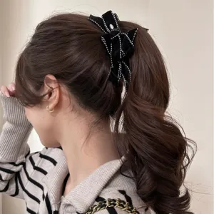 Vintage Velvet Bow Hair Claw Clip Elegant Black Banana Clip Headband For Women French Style Hair Accessories With Contrast Stitching