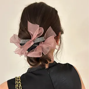Elegante roze organza strik haarelastiekje met fonkelende steentjes voor vrouwen