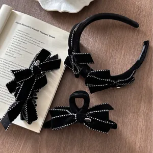 Elegant vintage black velvet bow hair accessories set with headband and hair claw clips