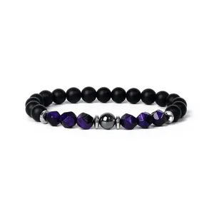 Detailed close-up of a beaded bracelet featuring purple faceted tiger eye and matte black stones.
