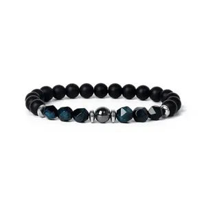 8mm blue tiger eye and matte black beads bracelet yoga gemstone jewelry detail view
