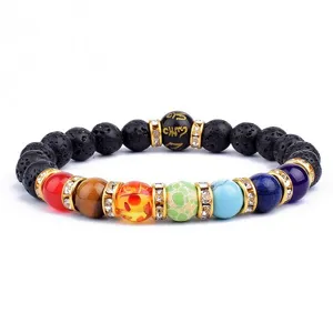 Bracelet de Chakra en Pierre Volcanique 8mm avec Entretoises Strass et Perle Mantra