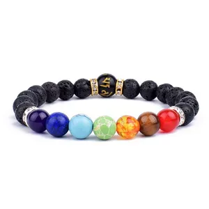 Bracelet en perles de pierre de lave et chakra 7 couleurs 8mm avec entretoises en strass.