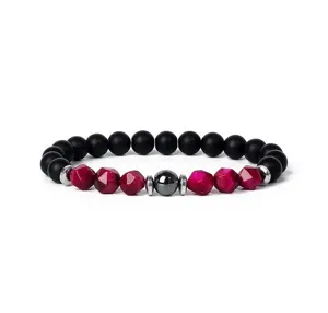 Detailed shot of gemstone beaded bracelet featuring matte black and pink faceted tiger eye beads.