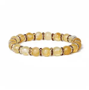 8mm gelber Chalcedon Edelstein Perlenarmband mit glänzenden Strass Abstandsringen Damen
