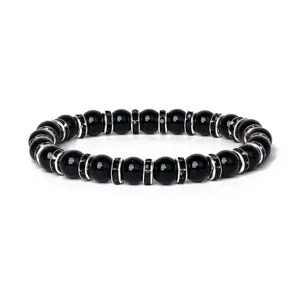 Exquisites 8mm schwarzes Achat Perlen Armband mit funkelnden Strass Abstandshaltern.