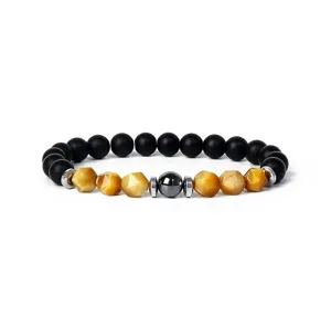 Detail shot of a beaded bracelet featuring 8mm faceted tiger eye and matte black beads.