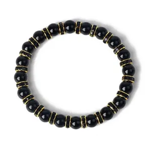 Schwarzes Achat Perlenarmband mit glänzenden Strass Abstandshaltern, 8mm Yoga Schmuck.