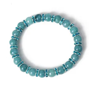 8mm Blauer Chalzedon Perlenarmband mit Glitzernden Strass Abstandshaltern Schmuck