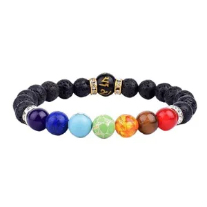 Bracelet en Pierre Volcanique 7 Chakras 8mm avec Perles Mantra et Entretoises Strass