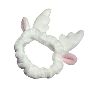 Soft white fluffy plush face wash headband featuring cute deer antlers and pink ears