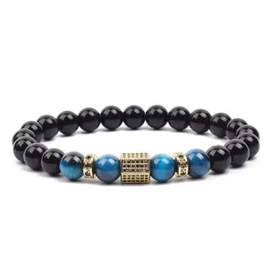 Blue tiger eye and black bead bracelet with micro pave cubic zirconia square spacer for men.