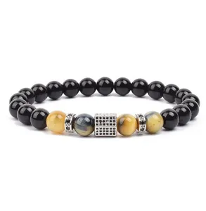 Close-up of the fashion beaded bracelet with black stones, tiger's eye, and a zircon square charm.