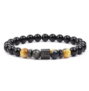 Natural stone beaded bracelet with tiger eye obsidian and micro pave zircon charm for men