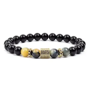 Natural tiger eye stone and micro pave zircon bead bracelet, detailed shot for fashion jewelry style.