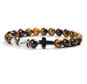 8mm Tiger Eye Stone Cross Beaded Bracelet Natural Gemstone Yoga Prayer Jewelry Gift Men Women