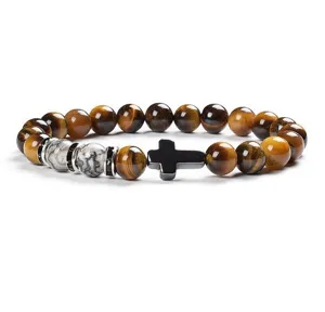 8mm yellow tiger eye cross bracelet gemstone beaded jewelry gift for men and women detail view