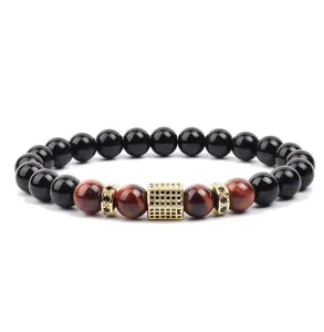Men fashion beaded bracelet with black and red tiger eye stones and a gold micro pave CZ cube.