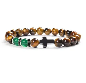 8mm Yellow Tiger Eye Stone Cross Beaded Bracelet Unisex Gemstone Healing Jewelry Gift