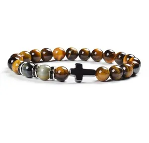 8mm Yellow Tiger Eye Stone Cross Beaded Bracelet Natural Gemstone Yoga Prayer Jewelry