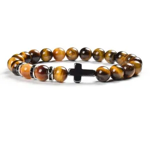 Natural yellow tiger eye stone bead bracelet with metal cross charm for men and women daily wear