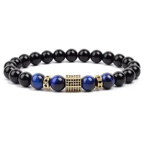 Detail shot of the beaded bracelet featuring blue tiger eye and micro-pave cubic zirconia.