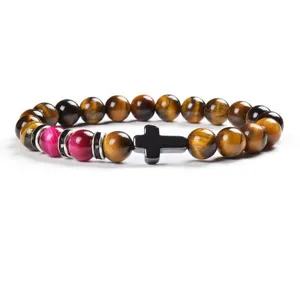Detailed view of 8mm yellow tiger eye stone and pink chalcedony beaded bracelet with cross.