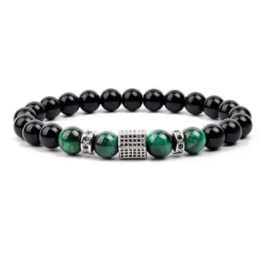 Green tiger eye and black onyx beaded bracelet with micro-pave zircon charms for fashion style.